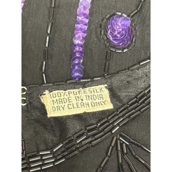 Vintage Scala Silk Blouse Black Purple Beading Sequins Long Sleeve Women's XL - Picture 8 of 8